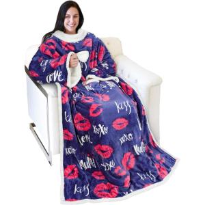 imageCatalonia Cat ampamp Dog Print Sherpa Wearable Blanket with Sleeves Arms Comfy Sleeved TV Wrap Blanket Large Snuggly Throw for Women and Men Gift for HerKiss Dark Blue