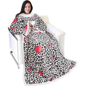 imageCatalonia Cat ampamp Dog Print Sherpa Wearable Blanket with Sleeves Arms Comfy Sleeved TV Wrap Blanket Large Snuggly Throw for Women and Men Gift for HerLeopard Heart White