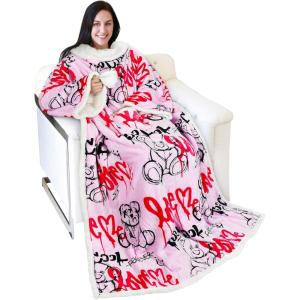 imageCatalonia Cat ampamp Dog Print Sherpa Wearable Blanket with Sleeves Arms Comfy Sleeved TV Wrap Blanket Large Snuggly Throw for Women and Men Gift for HerGraffiti Bear Pink