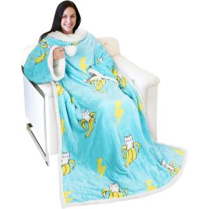imageCatalonia Cat ampamp Dog Print Sherpa Wearable Blanket with Sleeves Arms Comfy Sleeved TV Wrap Blanket Large Snuggly Throw for Women and Men Gift for HerBanana Cat Blue