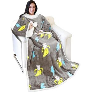 imageCatalonia Cat ampamp Dog Print Sherpa Wearable Blanket with Sleeves Arms Comfy Sleeved TV Wrap Blanket Large Snuggly Throw for Women and Men Gift for HerBanana Cat Gray