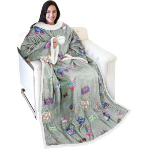 imageCatalonia Cat ampamp Dog Print Sherpa Wearable Blanket with Sleeves Arms Comfy Sleeved TV Wrap Blanket Large Snuggly Throw for Women and Men Gift for Her80s Gray