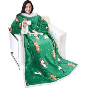 imageCatalonia Cat ampamp Dog Print Sherpa Wearable Blanket with Sleeves Arms Comfy Sleeved TV Wrap Blanket Large Snuggly Throw for Women and Men Gift for HerRibbit Deer Green