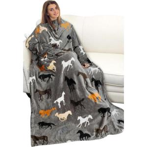 imageCatalonia Cat ampamp Dog Print Wearable Snuggle Blanket with Sleeves Soft Warm Cozy Fleece Long Throw with Pocket Perfect for Sleeping ampamp TV Time Christmas Gift Ideas for Women and MenTaupe Horse