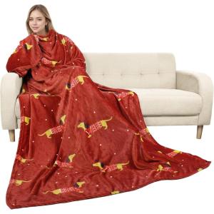 imageCatalonia Cat ampamp Dog Print Wearable Snuggle Blanket with Sleeves Soft Warm Cozy Fleece Long Throw with Pocket Perfect for Sleeping ampamp TV Time Christmas Gift Ideas for Women and MenXmas Dachshund Wine