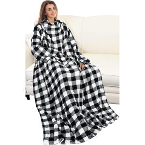 imageCatalonia Cat ampamp Dog Print Wearable Snuggle Blanket with Sleeves Soft Warm Cozy Fleece Long Throw with Pocket Perfect for Sleeping ampamp TV Time Christmas Gift Ideas for Women and MenPlaid White