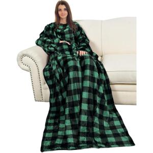 imageCatalonia Cat ampamp Dog Print Wearable Snuggle Blanket with Sleeves Soft Warm Cozy Fleece Long Throw with Pocket Perfect for Sleeping ampamp TV Time Christmas Gift Ideas for Women and MenGreen Black Checker