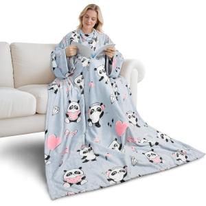 imageCatalonia Cat ampamp Dog Print Wearable Snuggle Blanket with Sleeves Soft Warm Cozy Fleece Long Throw with Pocket Perfect for Sleeping ampamp TV Time Christmas Gift Ideas for Women and MenPanda Grey