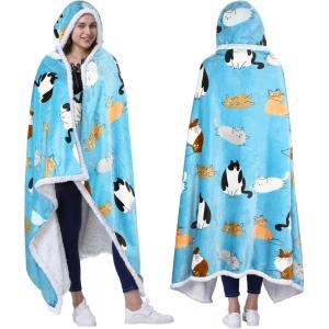 imageCatalonia Hooded Blanket Poncho  Wearable Blanket Wrap with Hand Pockets  Comfy Sherpa Fleece Throw Cape for Children and Adults Women GiftBlue Cat