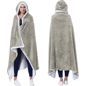 imageCatalonia Hooded Blanket Poncho  Wearable Blanket Wrap with Hand Pockets  Comfy Sherpa Fleece Throw Cape for Children and Adults Women GiftCamel