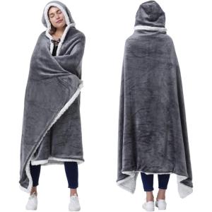 imageCatalonia Hooded Blanket Poncho  Wearable Blanket Wrap with Hand Pockets  Comfy Sherpa Fleece Throw Cape for Children and Adults Women GiftGrey