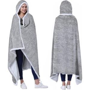 imageCatalonia Hooded Blanket Poncho  Wearable Blanket Wrap with Hand Pockets  Comfy Sherpa Fleece Throw Cape for Children and Adults Women GiftLight Grey
