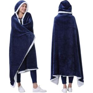imageCatalonia Hooded Blanket Poncho  Wearable Blanket Wrap with Hand Pockets  Comfy Sherpa Fleece Throw Cape for Children and Adults Women GiftNavy