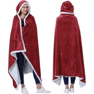 imageCatalonia Hooded Blanket Poncho  Wearable Blanket Wrap with Hand Pockets  Comfy Sherpa Fleece Throw Cape for Children and Adults Women GiftWine