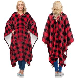 imageCatalonia Sherpa Wearable Blanket Poncho for Adult Women Men Wrap Blanket Cape with Pocket Warm Soft Cozy Snuggly Comfort Gift No Sleeves Plaid Buffalo ChristmasRed Checker