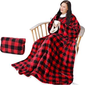 imageCatalonia Sherpa Wearable Blanket with Sleeves ArmsPlaid Red