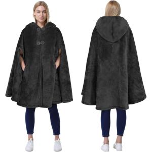 imageCatalonia Womens Poncho Cape Oversized Sherpa Fleece Cloak Coat Snuggly Hooded Wearable Blanket Gift Idea for Women MomBlack