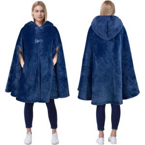 imageCatalonia Womens Poncho Cape Oversized Sherpa Fleece Cloak Coat Snuggly Hooded Wearable Blanket Gift Idea for Women MomNavy