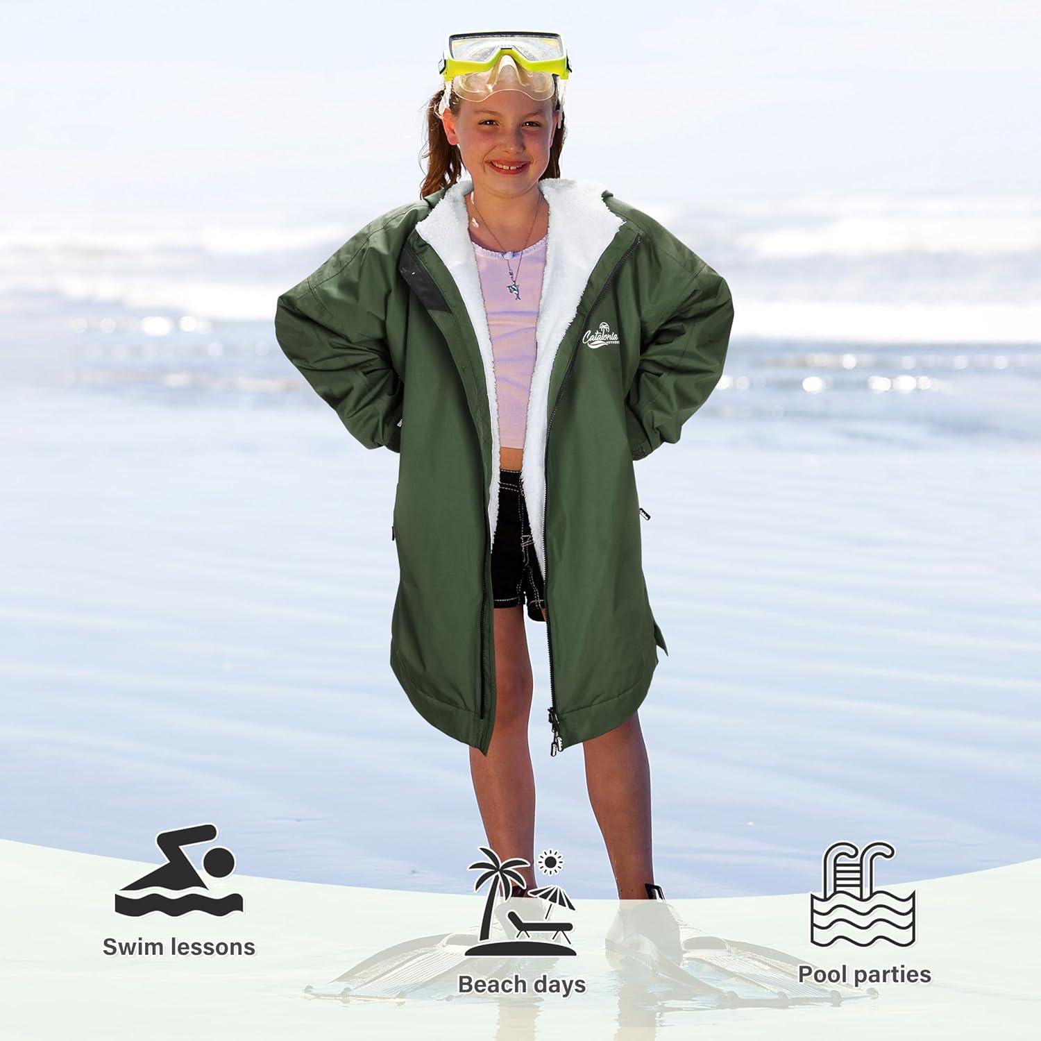 imageCatalonia Kids Waterproof Swim Parka with Hood Windproof Fleece Swim Jacket Warm Winter Swim Coat Perfect for Beach PoolGreen