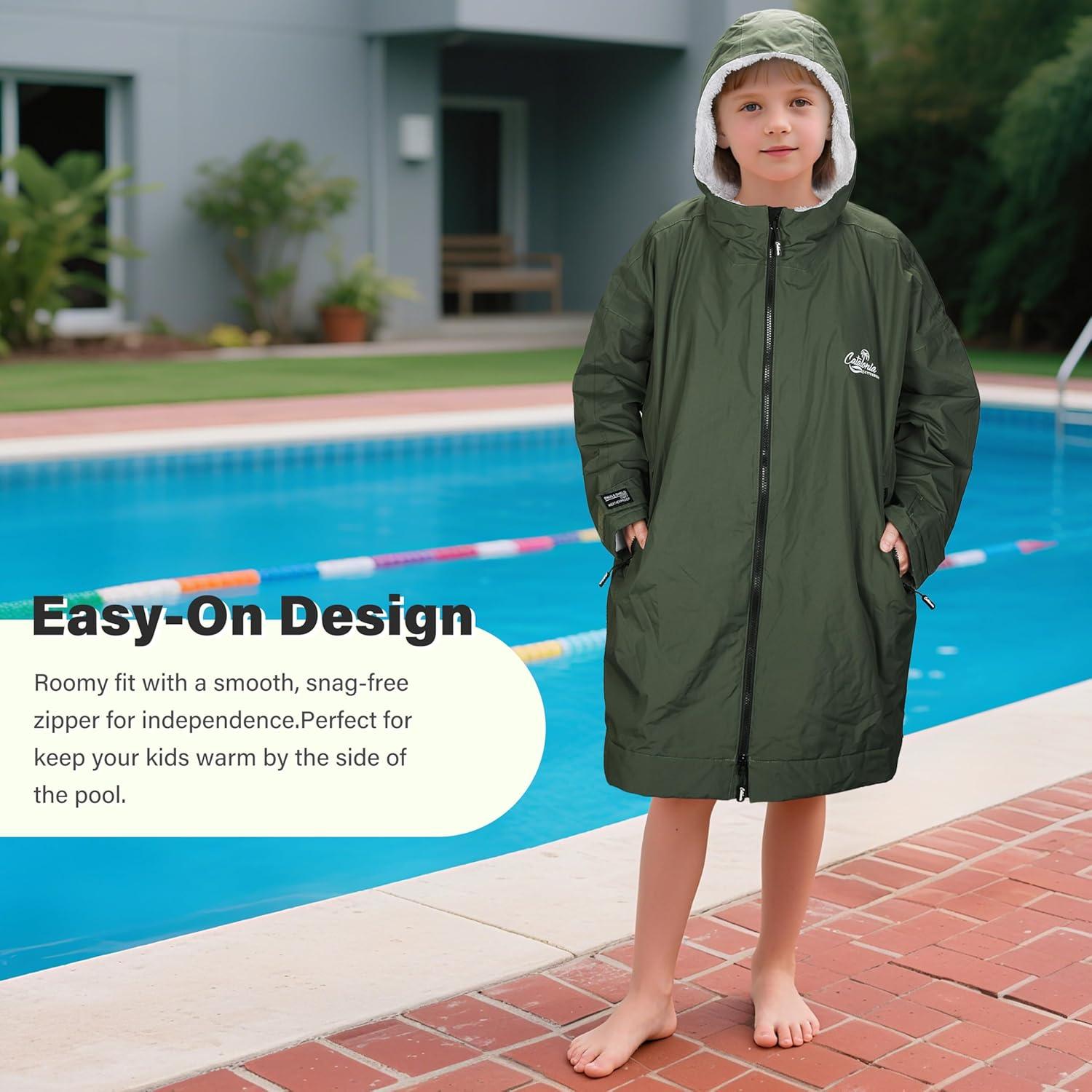 imageCatalonia Kids Waterproof Swim Parka with Hood Windproof Fleece Swim Jacket Warm Winter Swim Coat Perfect for Beach PoolGreen