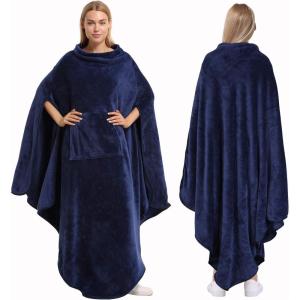 imageCatalonia Fleece Wearable Blanket Poncho for Adult Women Men Travel Wrap Blanket Cape with Pocket Warm Soft Cozy Snuggly Comfort Gift No SleevesAll Season GreyNavy
