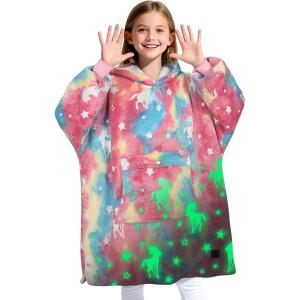 imageCatalonia Blanket Hoodie for Kids Oversized Wearable Sherpa Sweatshirt Pullover for Teens Youth Gift IdeaRainbow Unicorn  Glow in the Dark