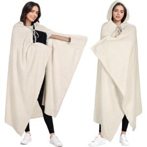 imageCatalonia Hooded Wearable Blanket Poncho for Adults Lightweight Fleece Cape with Hand Pockets Cozy Plush Wrap Gifts IdeasBeige