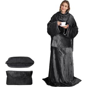 imageCatalonia Packable Travel Wearable Blanket Pillow with Sleeves for Adults 2 in 1 Wearable Blanket with PocketsBlack