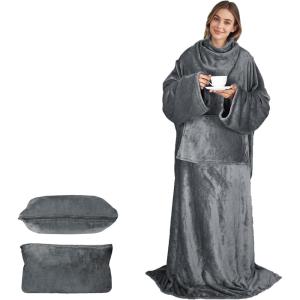 imageCatalonia Packable Travel Wearable Blanket Pillow with Sleeves for Adults 2 in 1 Wearable Blanket with PocketsGray