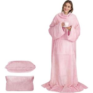 imageCatalonia Packable Travel Wearable Blanket Pillow with Sleeves for Adults 2 in 1 Wearable Blanket with PocketsPink
