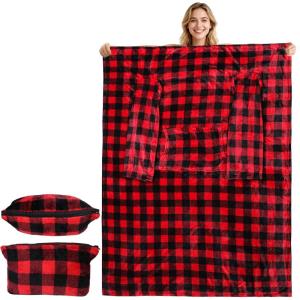 imageCatalonia Packable Travel Wearable Blanket Pillow with Sleeves for Adults 2 in 1 Wearable Blanket with PocketsRed Checker
