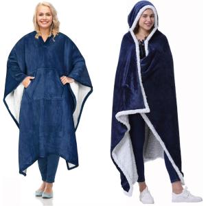imageCatalonia Sherpa Wearable Blanket Poncho for Adult Women MenWrap Blanket Cape with PocketWarmSoftCozySnugglyComfort GiftNo SleevesNavy
