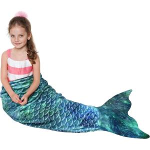image:imageCatalonia Kids Mermaid Tail Blanket Super Soft Plush Flannel Sleeping Snuggly Blanket for Girls Galaxy Fish Scale Pattern Kids Gift IdeaAurora Green