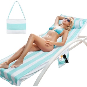 image:imageCatalonia Lounge Chair Towel Cover with Pillowcase Pocket Large Quick Dry Beach Chair Covers No Sliding Chaise Cover TowelMint Green Stripe