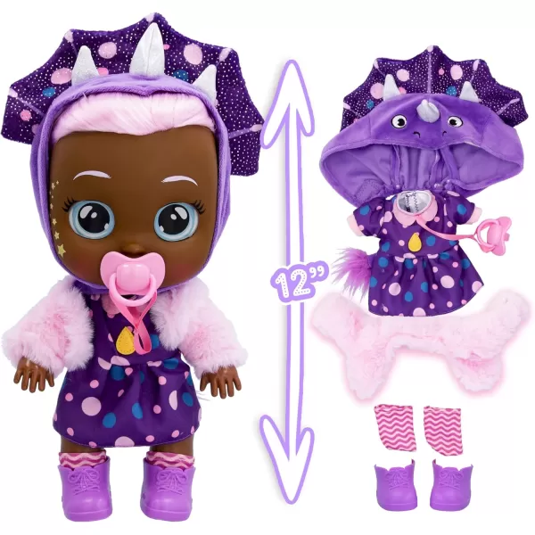 Cry Babies Dressy Fantasy Phoebe  12quot Baby Doll Polka Dot Purple Dress with Pink Fuzzy Jacket and Dino Themed Hoodie for Girls and Boys Ages 18M and Up