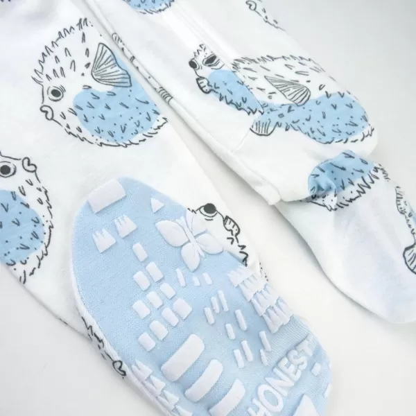 HonestBaby NonSlip Footed Pajamas OnePiece Sleeper Jumpsuit ZipFront PJs 100 Organic Cotton for Baby BoysBlow Fish