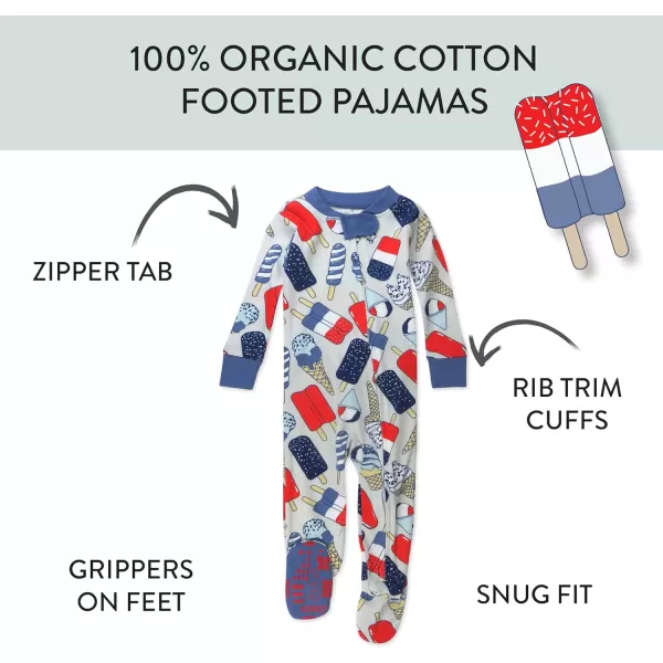 HonestBaby NonSlip Footed Pajamas OnePiece Sleeper Jumpsuit ZipFront PJs 100 Organic Cotton for Baby BoysIce Cream Independence