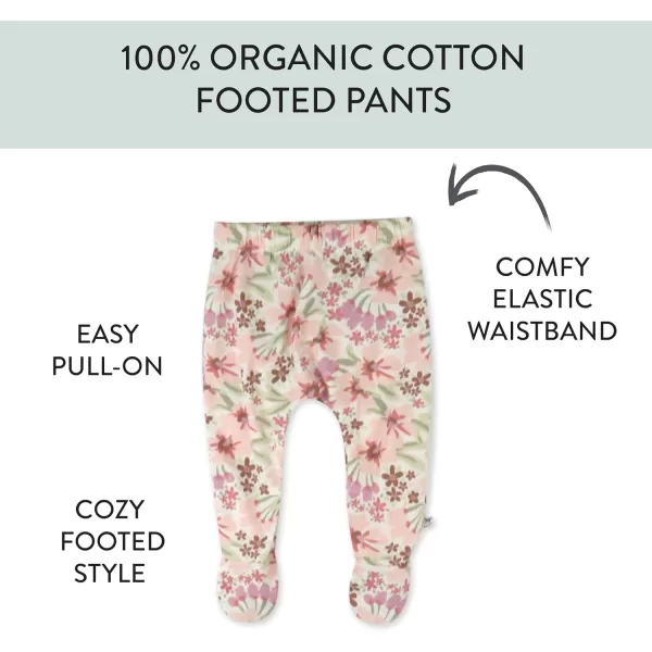 HonestBaby 3Pack Footed Pants Roomy Fit Pull on Bottoms 100 Organic Cotton for Infant Baby Boys Girls UnisexPainted Floral Pink