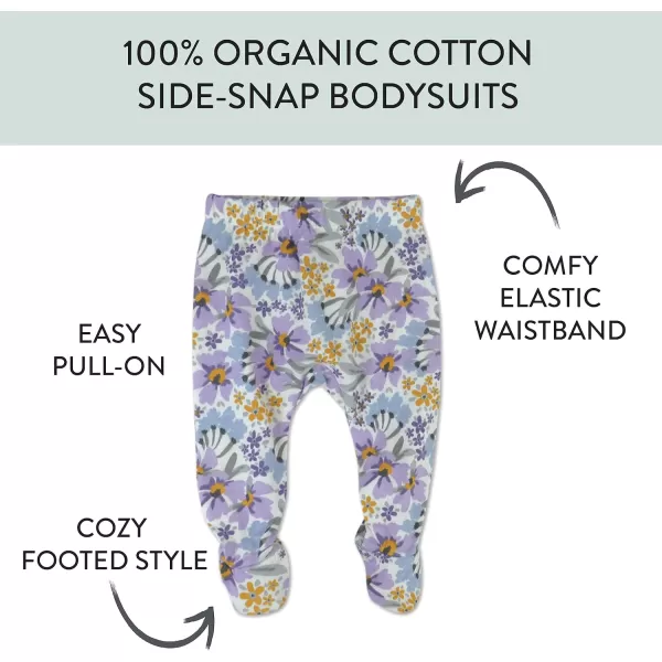 HonestBaby 3Pack Footed Pants Roomy Fit Pull on Bottoms 100 Organic Cotton for Infant Baby Boys Girls UnisexJumbo Floral Lilac