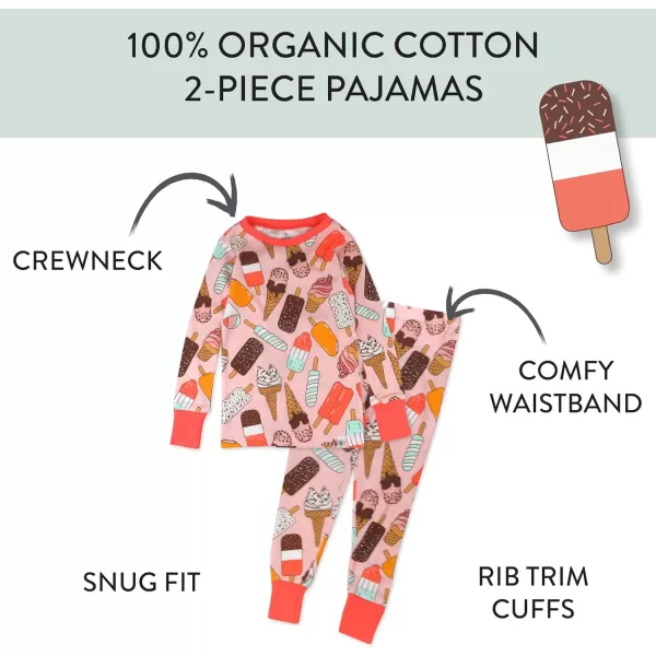 HonestBaby Multipack 2Piece Pajamas Sleepwear Pjs 100 Organic Cotton for Infant Baby and Toddler GirlsIce Cream Rose