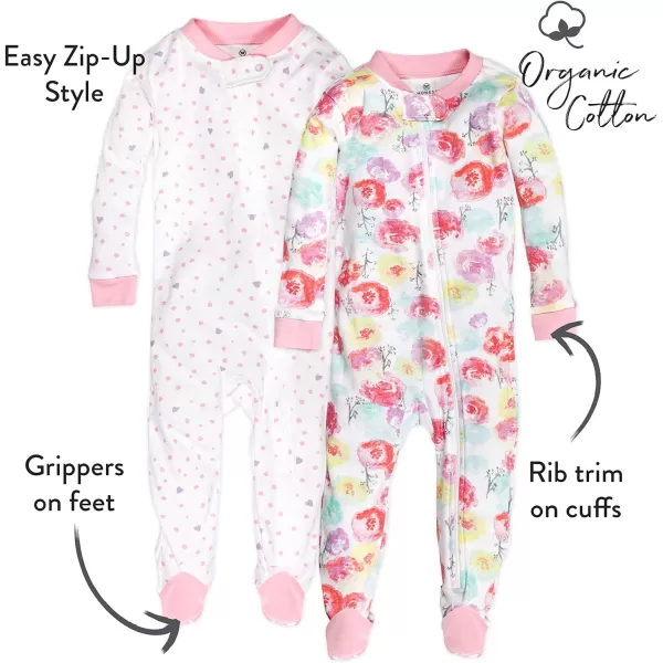 HonestBaby NonSlip Footed Pajamas OnePiece Sleeper Jumpsuit ZipFront Pjs 100 Organic Cotton for Baby Girls2pack Rose BlossomLove Dot