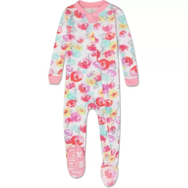 HonestBaby NonSlip Footed Pajamas OnePiece Sleeper Jumpsuit ZipFront Pjs 100 Organic Cotton for Baby Girls2pack Rose BlossomLove Dot