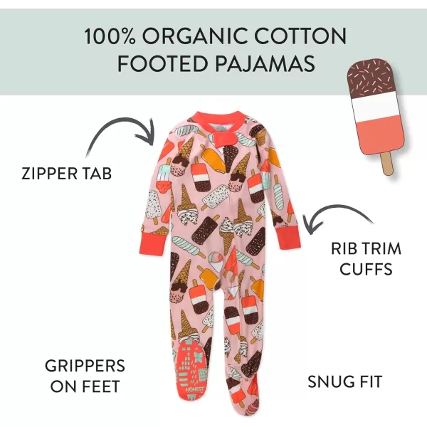 HonestBaby NonSlip Footed Pajamas OnePiece Sleeper Jumpsuit ZipFront Pjs 100 Organic Cotton for Baby GirlsIce Cream Rose