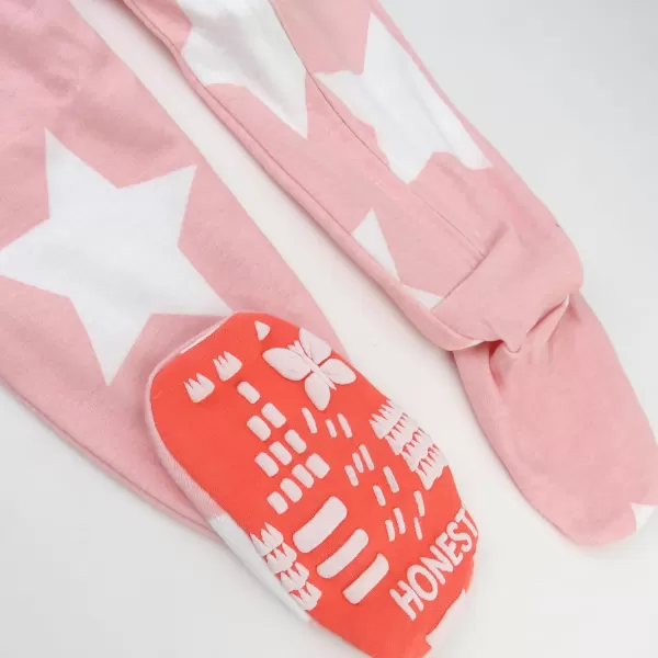 HonestBaby NonSlip Footed Pajamas OnePiece Sleeper Jumpsuit ZipFront Pjs 100 Organic Cotton for Baby GirlsJumbo Star Pink