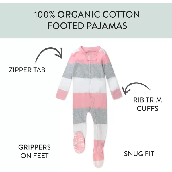 HonestBaby NonSlip Footed Pajamas OnePiece Sleeper Jumpsuit ZipFront Pjs 100 Organic Cotton for Baby GirlsJumbo Stripe Petal Pink