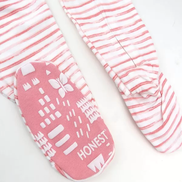 HonestBaby NonSlip Footed Pajamas OnePiece Sleeper Jumpsuit ZipFront Pjs 100 Organic Cotton for Baby GirlsNature Stripe Strawberry Cream