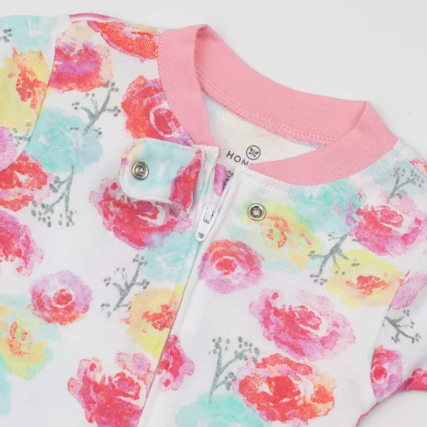 HonestBaby NonSlip Footed Pajamas OnePiece Sleeper Jumpsuit ZipFront Pjs 100 Organic Cotton for Baby GirlsRose Blossom