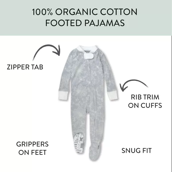 HonestBaby NonSlip Footed Pajamas OnePiece Sleeper Jumpsuit ZipFront Pjs 100 Organic Cotton for Baby GirlsSketchy Floral Gray