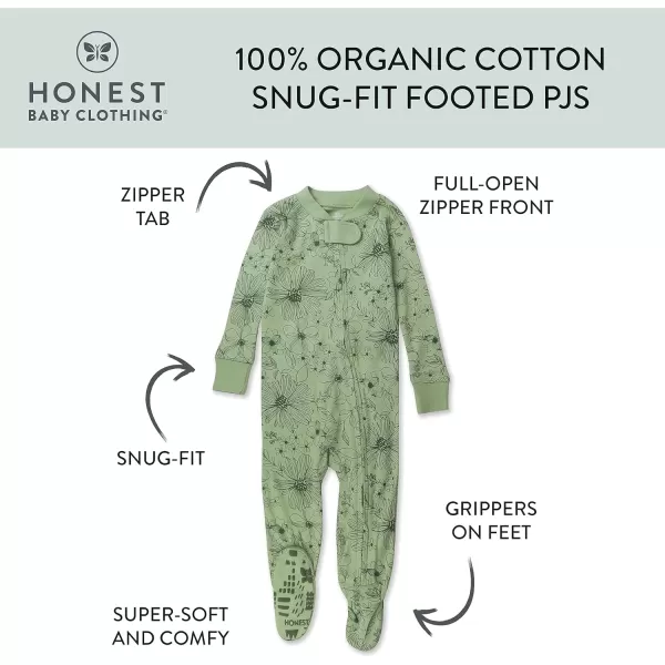 HonestBaby NonSlip Footed Pajamas OnePiece Sleeper Jumpsuit ZipFront Pjs 100 Organic Cotton for Baby GirlsSketchy Floral Sage
