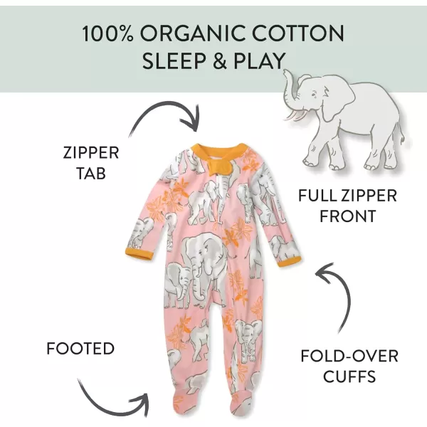 HonestBaby Sleep and Play Footed Pajamas OnePiece Sleeper Jumpsuit ZipFront Pjs 100 Organic Cotton for Baby Girls1 Boumbi Pink Elephant